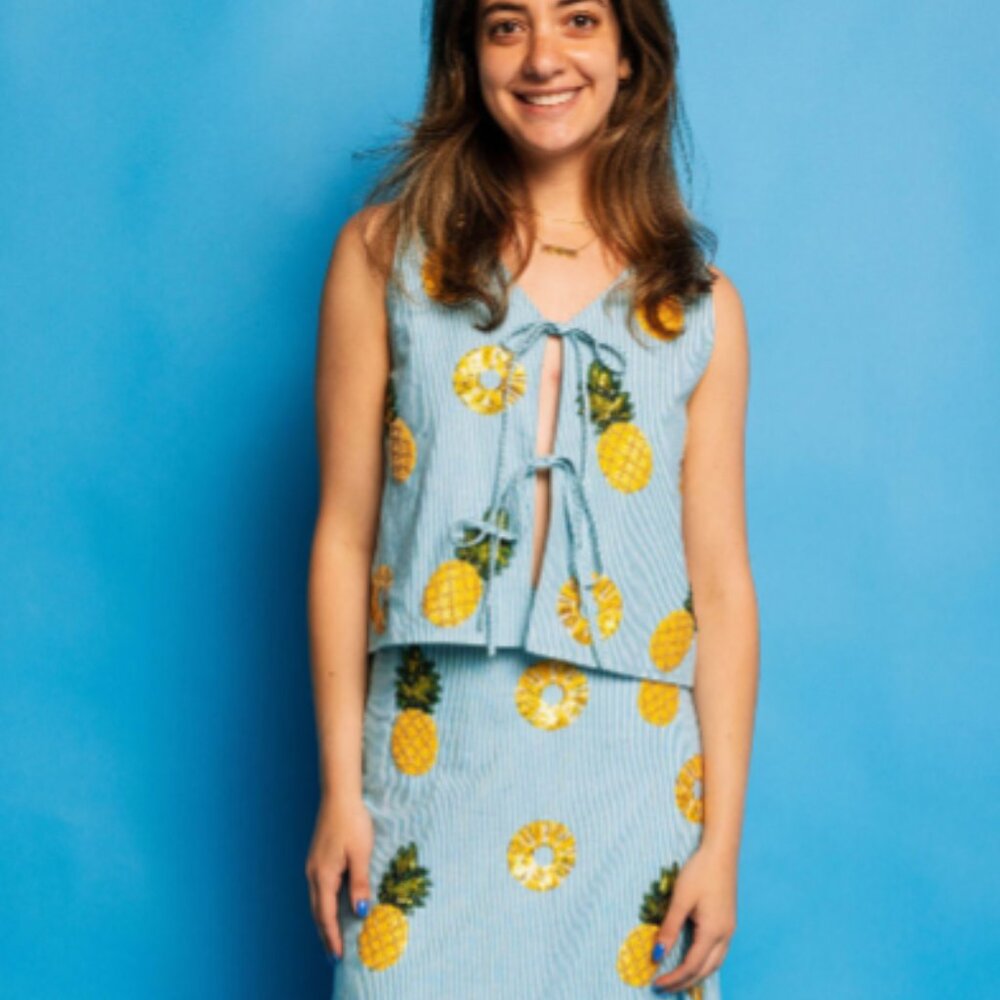 Queen of Sparkles Striped Pineapple Tie Tank – Blue & White